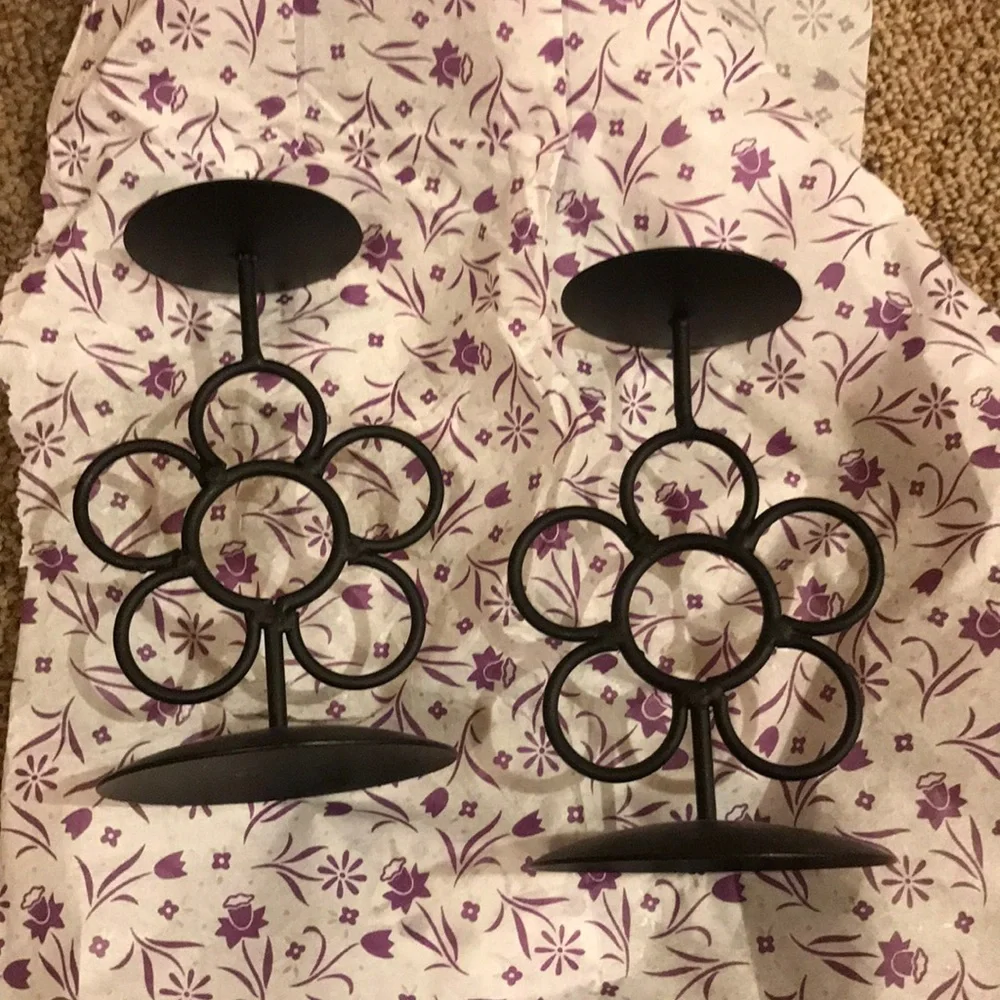 Art Deco black wrought iron daisy flower shaped candle holders sticks stands EUC